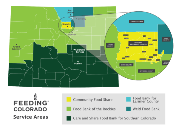 A map of the state of Colorado, showing the areas where Feeding Colorado’s network operates. 