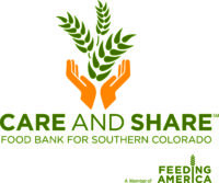 The logos of Community Food Share’s four sister food banks. From left: Care and Share, Food Bank of the Rockies, Weld Food Bank, and Food Bank for Larimer County.
