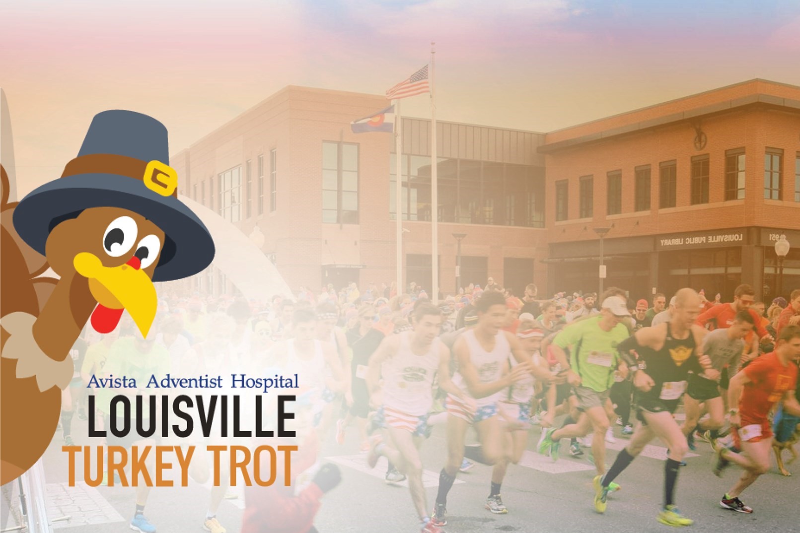 Louisville Turkey Trot Logo and Image of Racers in Historic Downtown Louisville