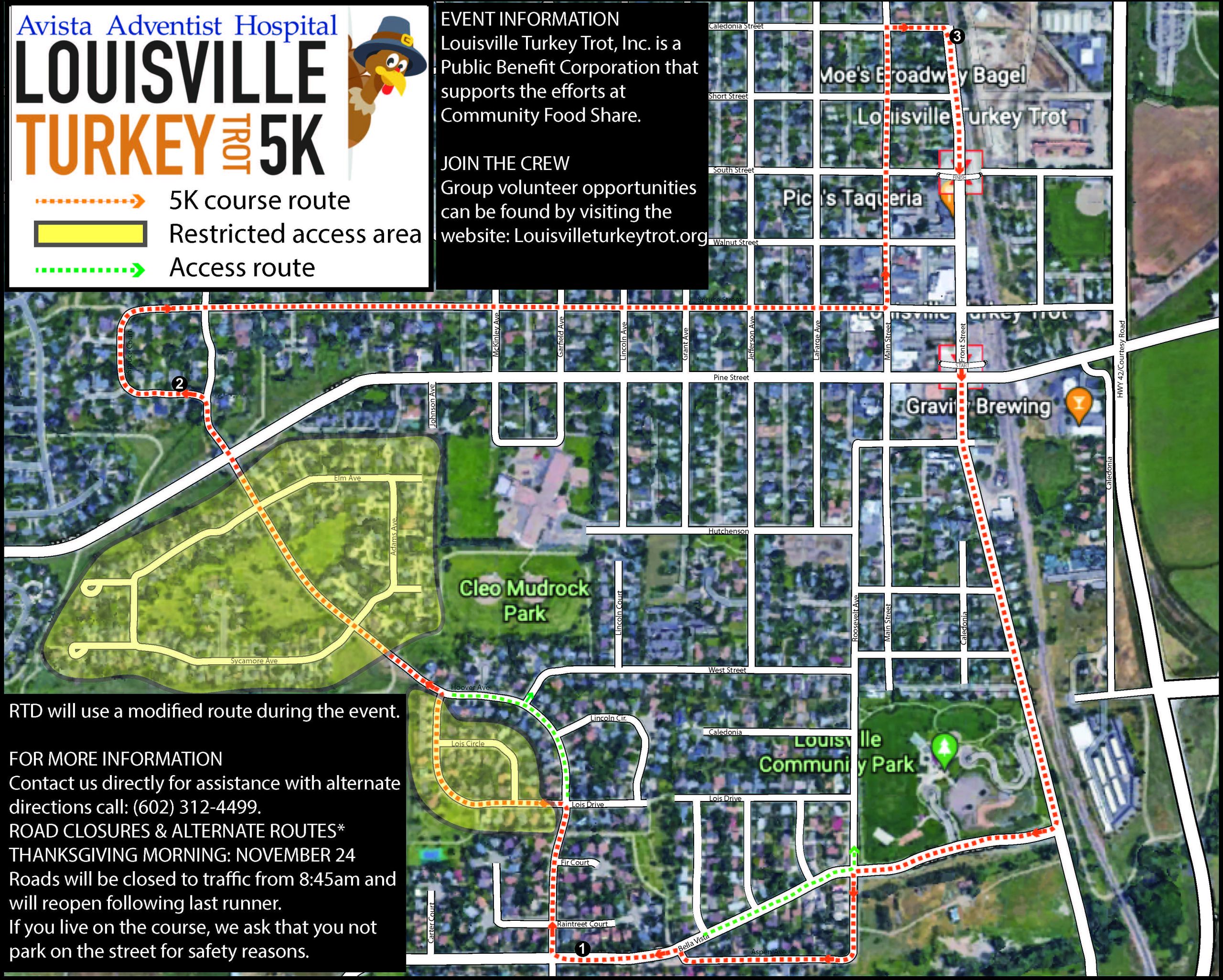 A map of downtown Louisville that shows the route for Turkey Trot