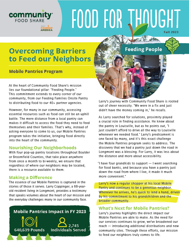 Community Food Share’s Fall 2023 Newsletter’s front page.